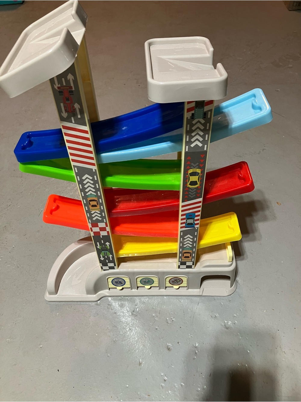 Colorful Multi-Level Ramp Racer Toy - White Base, Rainbow Tracks
